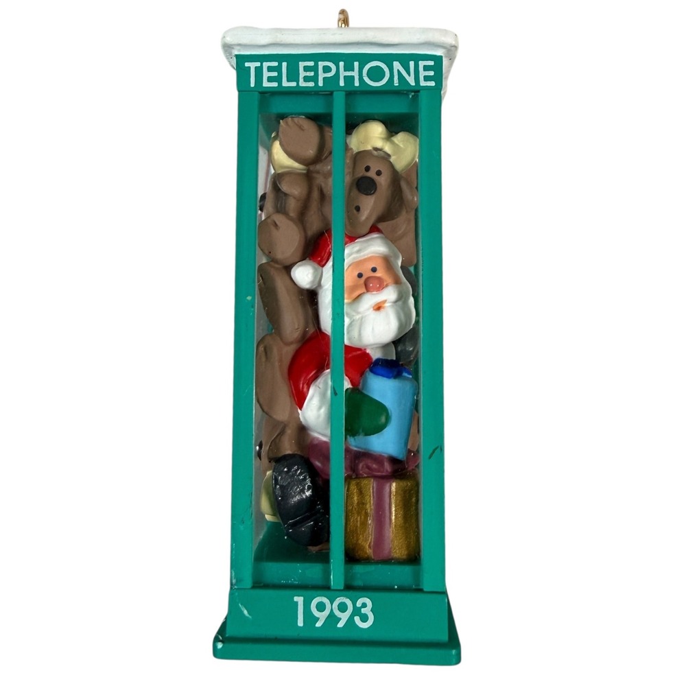 Vintage 1993 Hallmark Keepsake Ornament Santa Reindeer Telephone Booth Green